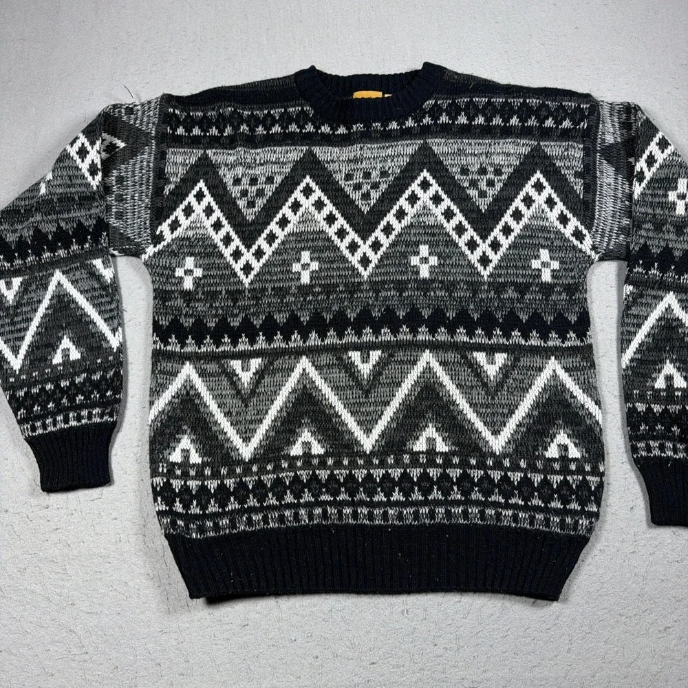 Vintage Sweater Men Medium Geometric Pattern Black White Gray Grandpa 80s Casual